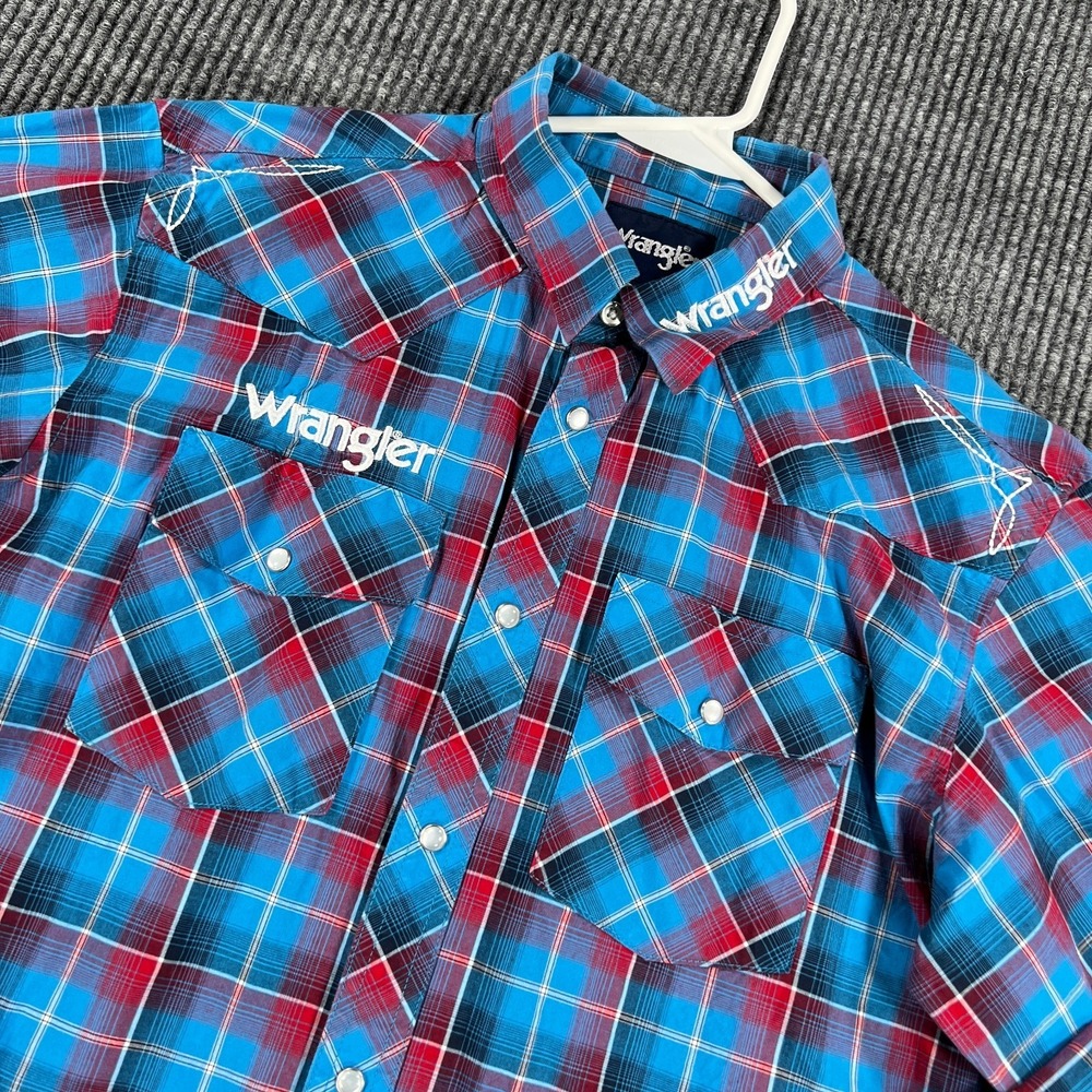 Wrangler Shirt Boys 2XL XXL Blue Plaid Long Sleeve Pearl Snap‎ Western Rodeo